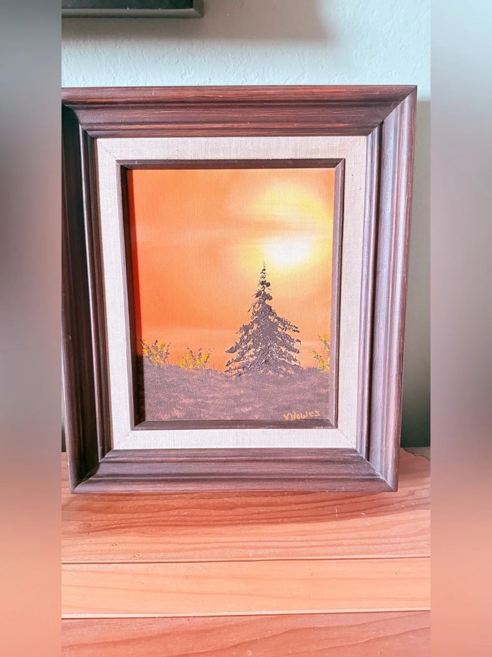 Vintage Signed V. Howes Sunset Pine Tree Landscape Painting Framed 12.5x14.5”
